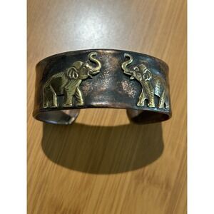 Vintage Brass Copper Gold Lucky Trunk Up ELEPHANTS‎ Cuff Bracelet Heavy